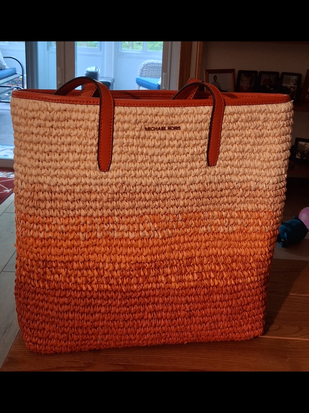 Michael Kors Orange Ombre Woven Tote with Orange Leather Trimmings